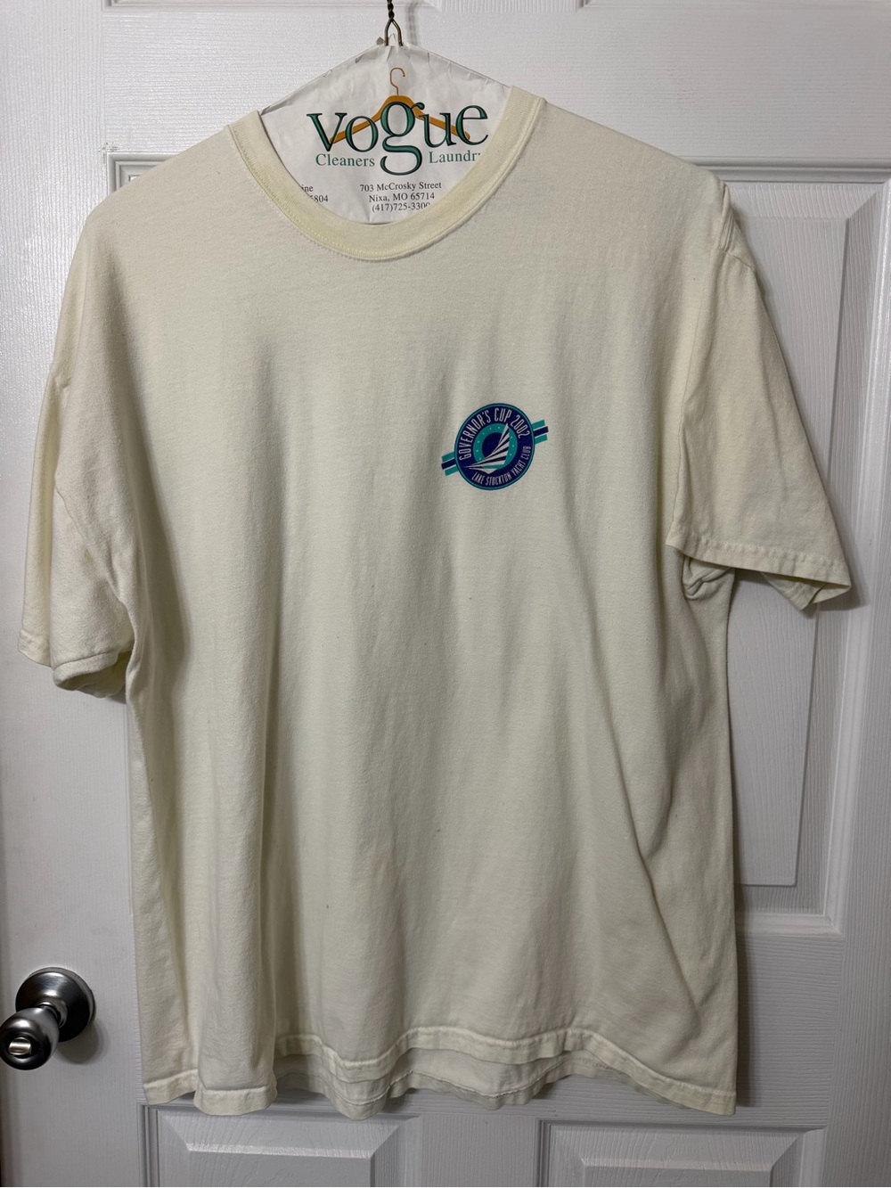 Men's Cream Short-Sleeve Crewneck Tee with Small Chest Emblem